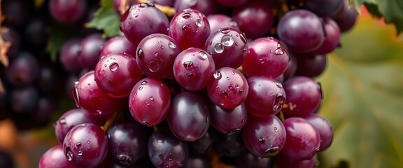 Fototapeta premium Luscious purple grapes, glistening with water droplets, against a vibrant backdrop, macro, stock photo