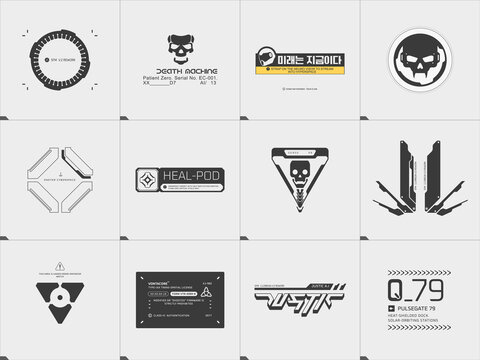 Sci fi graphic collection. futuristic decal, label, sign set.