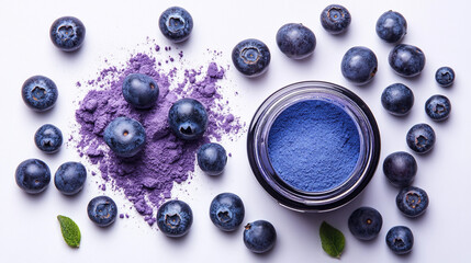 Blueberries and powdered pigment arranged artfully on a white background showcasing vibrant colors and textures