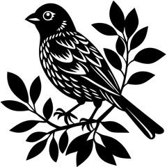 Stylized Black and White Bird on Branch with Leaves