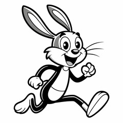 Happy Cartoon Rabbit Running Joyfully Black and White Illustration