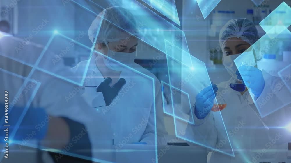 Poster overlay panels sweeping research lab scientists focusing microscope pipetting sample for analysis