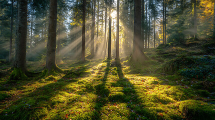 Fototapeta premium Ethereal Sunbeams Piercing Through Dense Forest Canopy Illuminating Moss-Covered Ground in Mystical Woodland Scene
