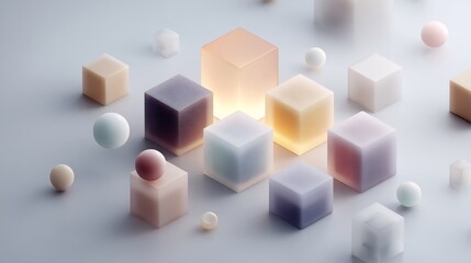 Minimalist frosted geometric shapes composition in pastel tones on clean backdrop