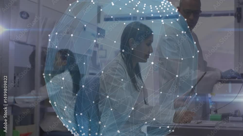 Poster scientist reviewing protocol in lab, scientist behind tapping tablet pulsing sphere syncing logs
