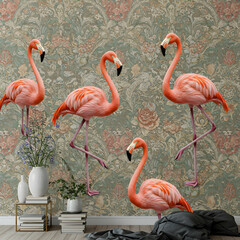 Four pink flamingos stand against a floral wallpaper backdrop in a staged interior setting