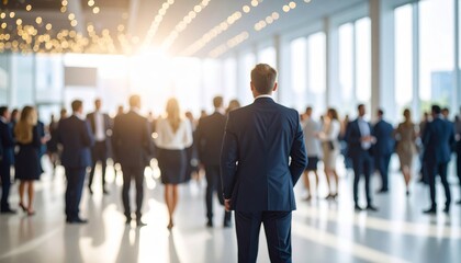 Blurred shot of business people at party or corporate event in office center