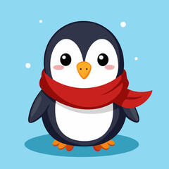 Adorable Cartoon Penguin Wearing a Red Scarf in Winter