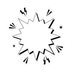 Comic Style Explosion Burst Graphic. Black and white comic-style explosion or burst graphic with jagged edges and dynamic elements like lightning bolts, stars, and rays.