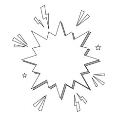 Comic Style Explosion Burst Graphic. Black and white comic-style explosion or burst graphic with jagged edges and dynamic elements like lightning bolts, stars, and rays.