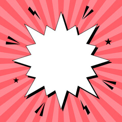 Pop Art Comic Explosion Bubble on Red Sunburst Background.