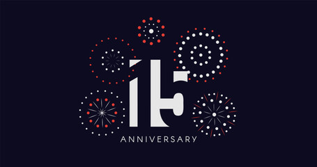 15th Anniversary Celebration Design With Fireworks on Dark Background, Perfect for Milestone Events and Invitations. Vector Illustration