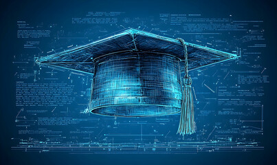 Digital rendering of a graduation cap surrounded by lines of code, glowing blue on a darker blue background