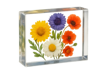 Vibrant flowers encased in clear acrylic display
