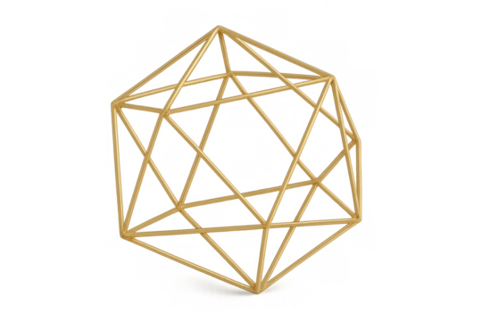 Rotating gold icosahedron wireframe on transparent background