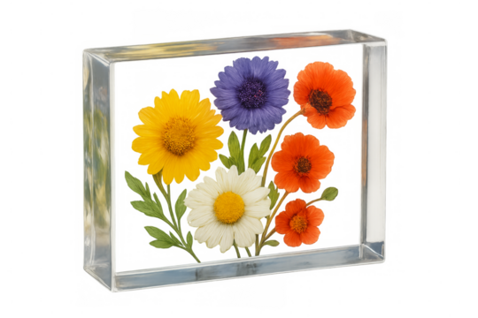 Vibrant flowers encased in clear acrylic display