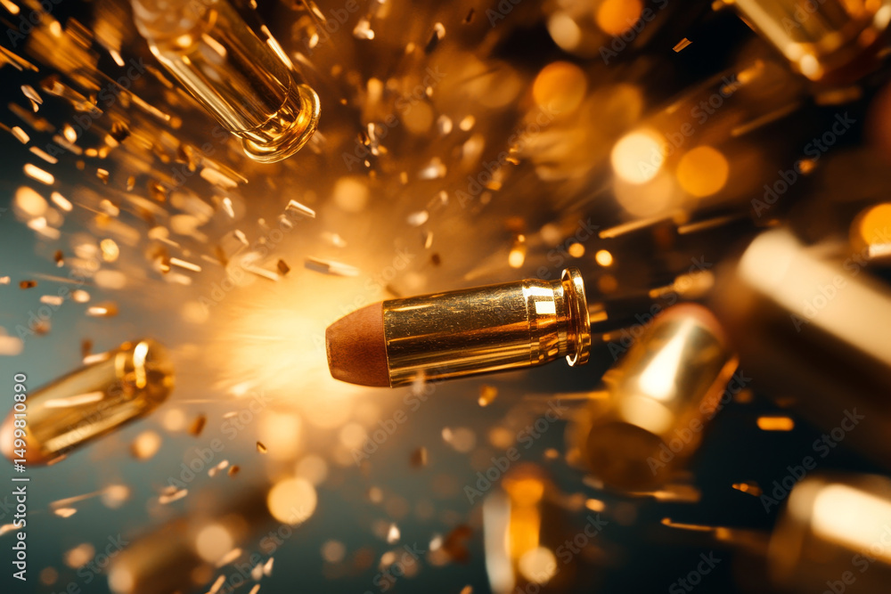 Poster golden bullet casings swirl midair, creating dynamic and captivating scene filled with motion and en