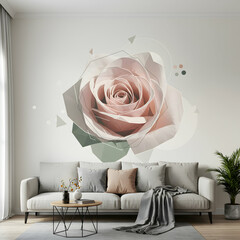 Living room with a white sofa, pillows, a blanket and a rose wall art above the furniture area