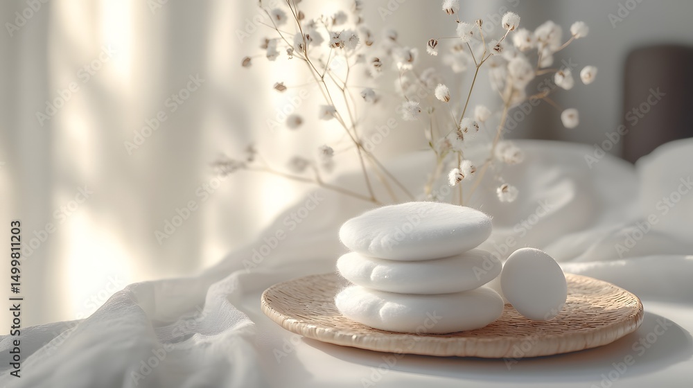 Poster a serene white flower resting on a stack of white rocks illustrating tranquility in the context of v