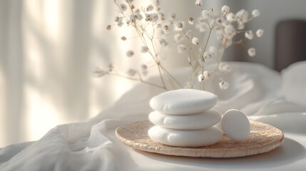 A serene white flower resting on a stack of white rocks illustrating tranquility in the context of vegan makeup remover