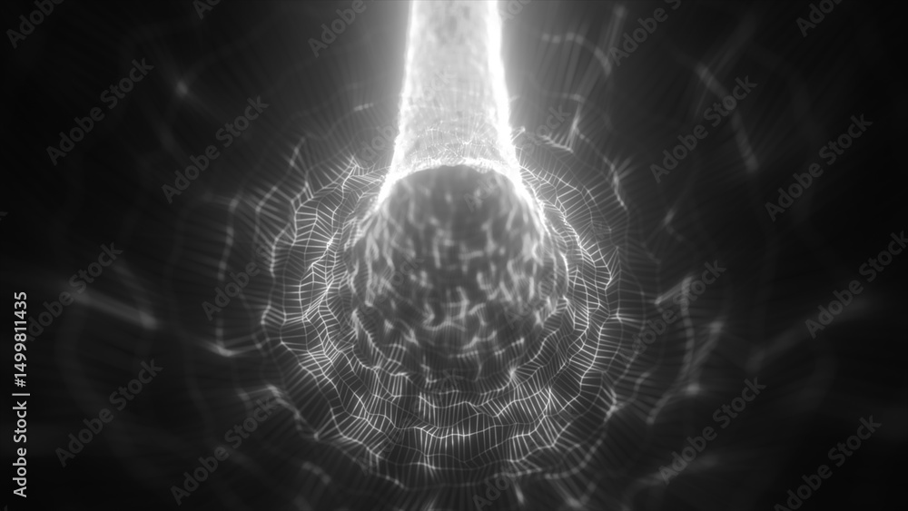 Poster abstract glowing tunnel structure with dynamic grid lines and bright light at the core, evoking ener