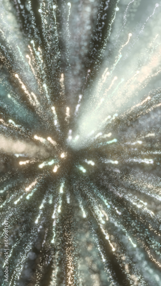 Poster radiant burst of glowing particles expanding in space, creating an energetic and dynamic visual effe
