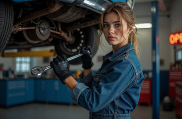 Naklejka premium Female Mechanic Holding Wrench Car Service Garage