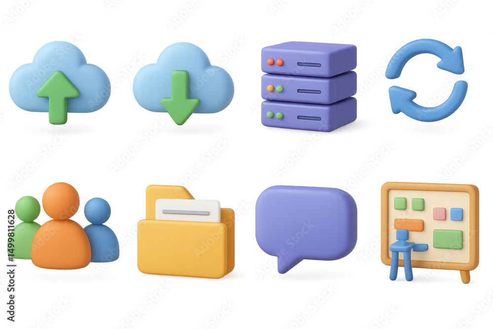 Poster 3d set of cloud tools icons. simple and colorful interface symbols for apps
