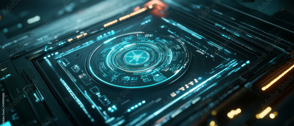 Poster futuristic interface design featuring glowing blue and orange elements, showcasing advanced technolo