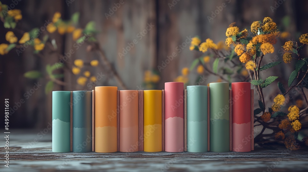 Poster colorful display of flowers and vases creating a lively atmosphere with plant-based lip balms in vib