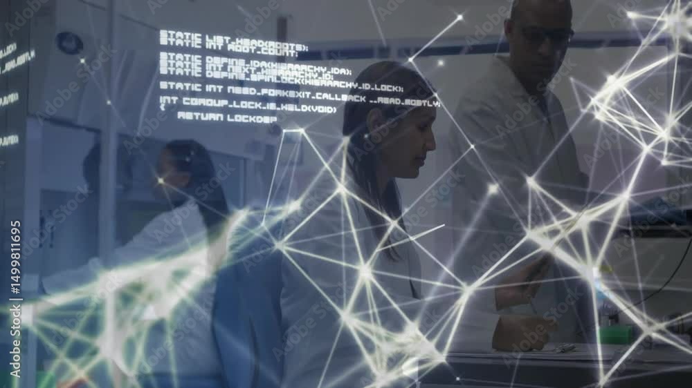 Poster scientists in lab reviewing tablet spawning network code then showing world map for global analysis