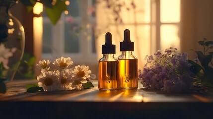 A chic display of elegant dropper bottles filled with organic facial oils surrounded by delicate flowers and soft light