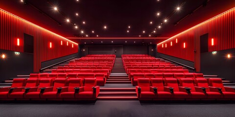 Immersive modern cinema theater with plush red seats and dramatic red accent lighting creating a luxurious viewing experience for film lovers