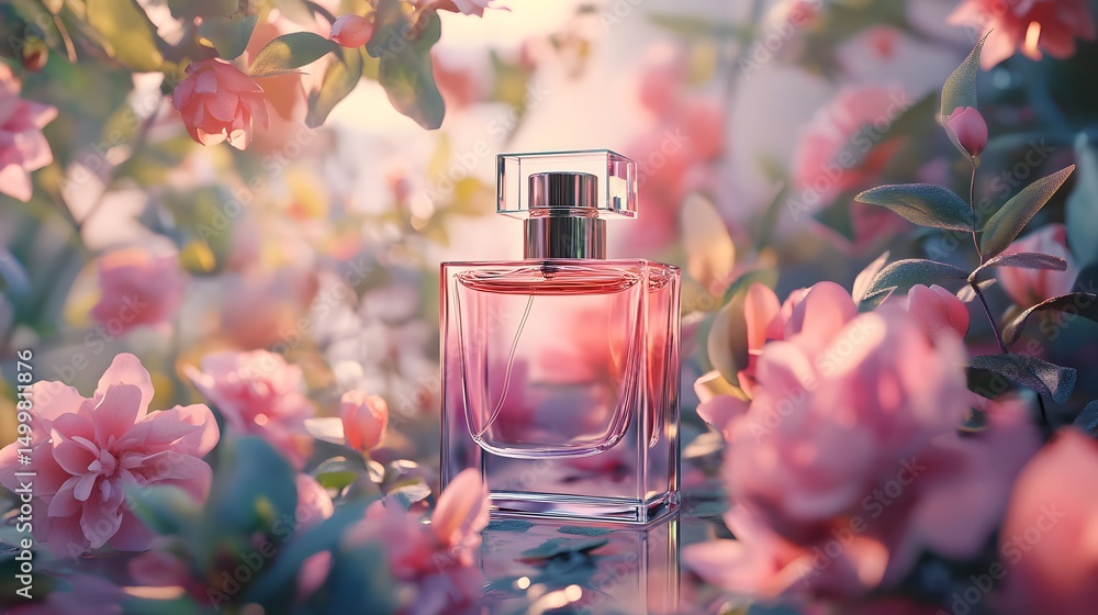 Poster elegant plant-based perfume bottle surrounded by colorful flowers creating a lush and fragrant displ