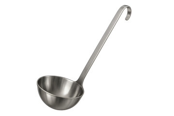 Stainless steel ladle on transparent background, serving utensil for soup