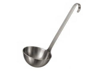 Stainless steel ladle on transparent background, serving utensil for soup