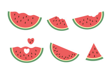 A set of icons of sliced ripe watermelon slices in a flat style. Vector colorful illustration isolated on a white background