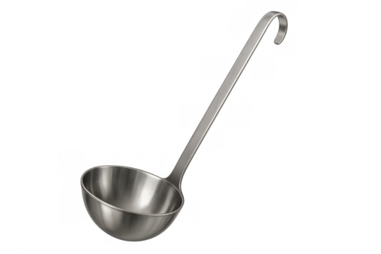 Stainless steel ladle on transparent background, serving utensil for soup