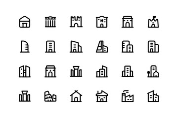 Minimal Line Building and Landmark Icons – 24 Urban and Architectural Symbols