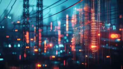 Futuristic city at night, overlaid with digital data streams. Power lines and city lights blend with glowing code