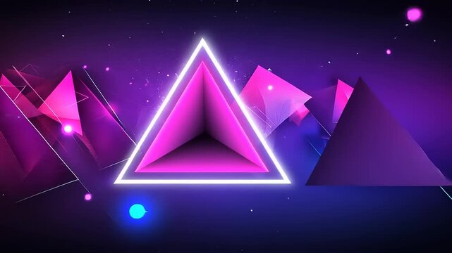 Neon pink and purple triangle with white outline, other geometric shapes, and light streaks on a dark background