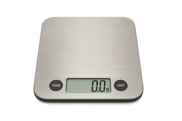 Electronic kitchen scale displaying zero grams on transparent background
