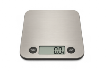 Electronic kitchen scale displaying zero grams on transparent background