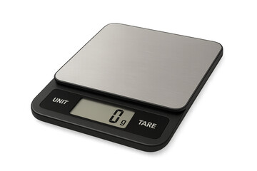 Digital kitchen scale displaying zero grams on transparent background