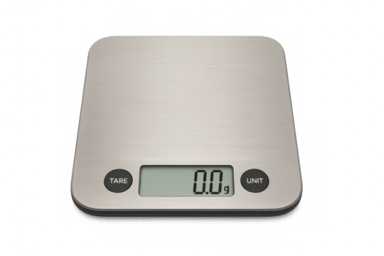 Electronic kitchen scale displaying zero grams on transparent background