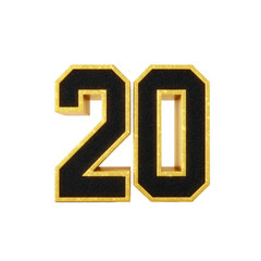 Image features bold, black number 20 with shiny gold outline, creating striking and celebratory appearance. design is set against transparent background, making it versatile for various uses
