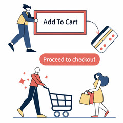 Online shopping process illustration, add to cart, checkout