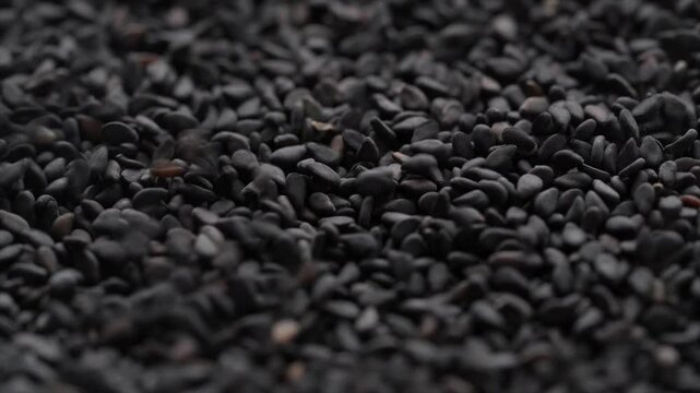 Macro video of black sesame seeds kept on rotating disk. Close up of black sesame seeds.