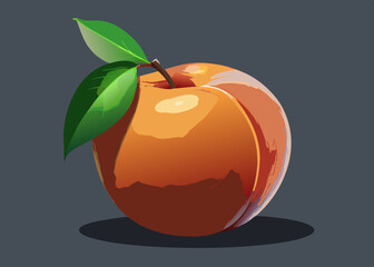Single Ripe Peach with Green Leaves on Dark Background