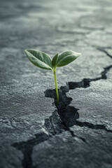 Closeup view of a tiny plant sprout growing out of hard ground.